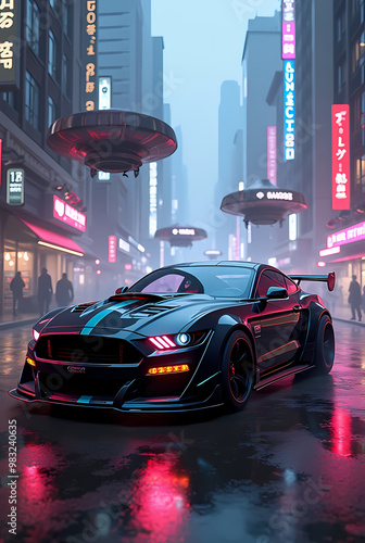 A powerful cyberpunk car