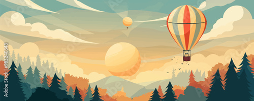 Classic hot air balloon floating over a scenic landscape, capturing a sense of adventure, flat, vector illustration, Vintage hand drawn.