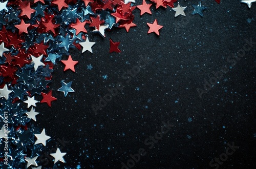 Colorful stars in red, white, and blue decorate a dark background for a festi...