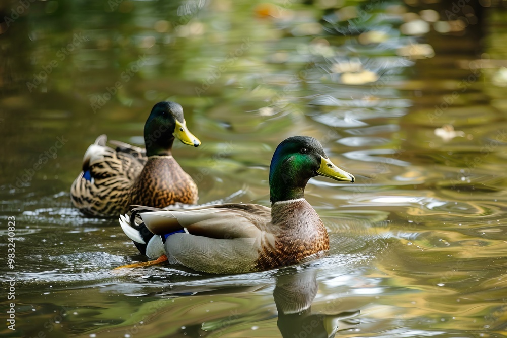 Obraz premium A pair of mallard ducks glide peacefully on calm water amidst floating leaves