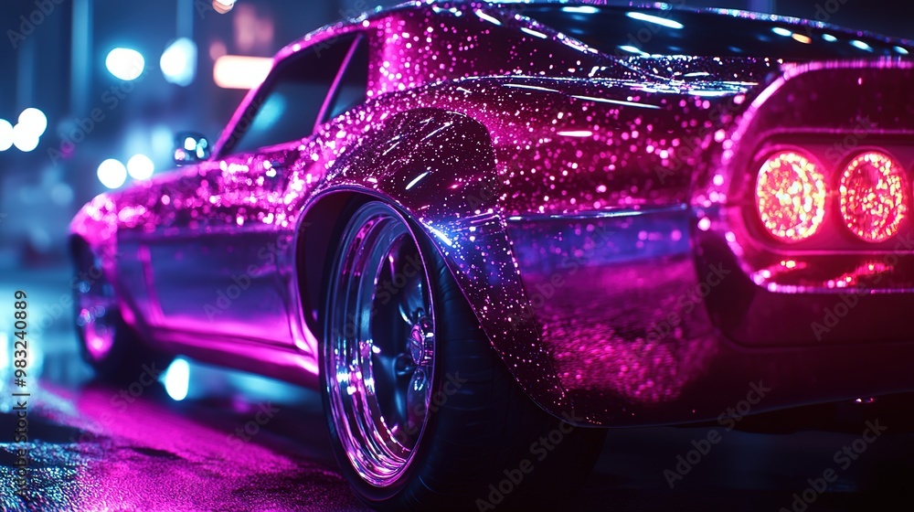 Custom Muscle Car Paint with Sparkling Flake Effect Under Bright Lights Custom Muscle Car Paint with Sparkling Flake Effect Under Bright Lights