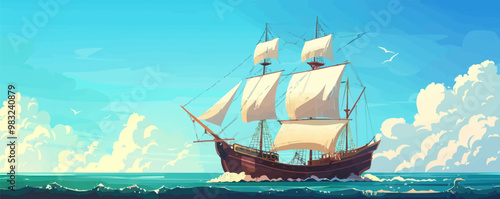 Classic pirate ship sailing on the high seas with billowing sails, flat, vector illustration, Sketch.