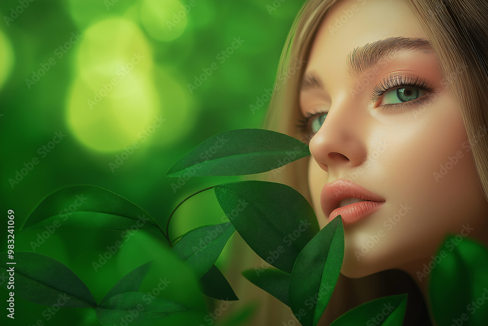 A beautiful model surrounded by flowers and leaves against a green background in close-up. A beautiful model surrounded by flowers and leaves against a green background in close-up.