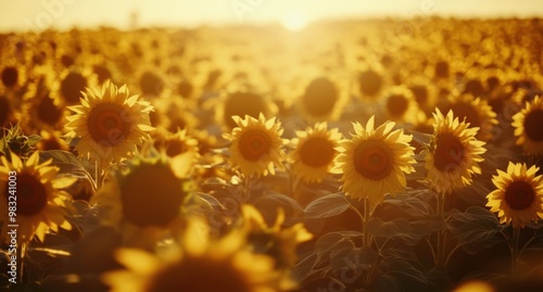 Golden sunflowers blooming in a vast field during sunset near a serene horizon