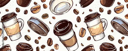 Coffee cups and beans seamless pattern background, cozy and aromatic coffee-themed design, vector pattern.