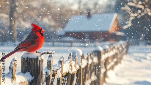 Snowy winter scene with a red cardinal near a rustic farmhouse in a quiet cou...