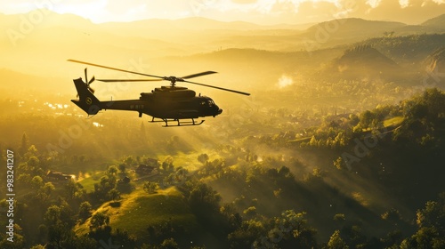 Helicopter Flying Over Scenic Landscape at Sunrise photo