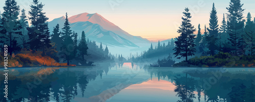 Quiet lake in the forest, surrounded by tall pine trees. Vector flat minimalistic isolated illustration.