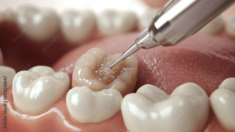 Close up of dental filling procedure, Dentist using tool on molar tooth Close up of dental filling procedure, Dentist using tool on molar tooth