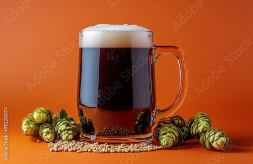 A hearty mug of dark beer surrounded by hops and grains on a vibrant orange b...