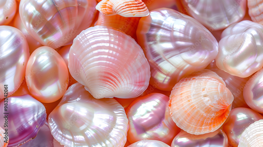 Colorful seashells scattered on a pearl backdrop in a coastal natural setting Colorful seashells scattered on a pearl backdrop in a coastal natural setting