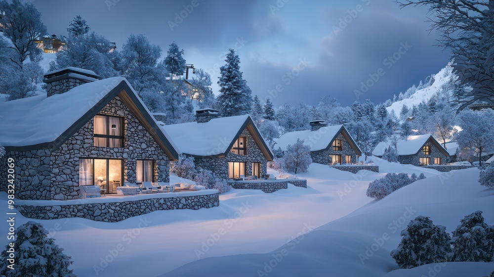 A series of stone-built ski lodges at a snowy resort, their thick walls keeping the interiors cozy and warm for guests returning from the slopes A series of stone-built ski lodges at a snowy resort, their thick walls keeping the interiors cozy and warm for guests returning from the slopes