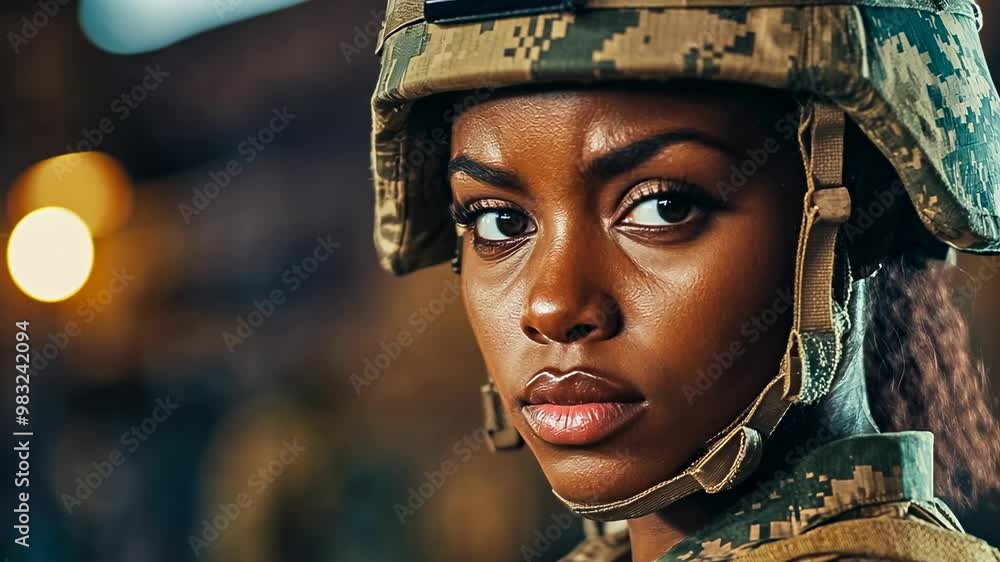 An Afro-American female soldier wearing a camouflage helmet stares determinedly. The background lighting suggests an indoor setting, adding a dramatic and focused atmosphere. An Afro-American female soldier wearing a camouflage helmet stares determinedly. The background lighting suggests an indoor setting, adding a dramatic and focused atmosphere.