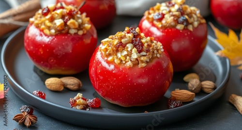 Baked apples with nuts and dried fruits served on a festive table during the ...