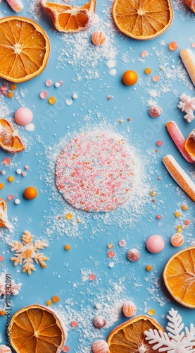 Colorful arrangement of dried oranges and candies on a blue background with p...