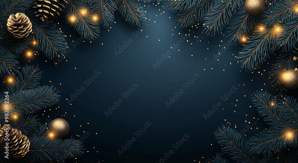 Festive winter decoration with pine branches, golden lights, and decorations on a dark background Festive winter decoration with pine branches, golden lights, and decorations on a dark background