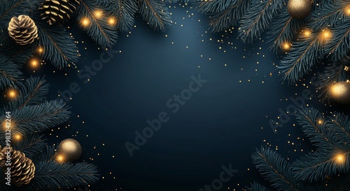 Festive winter decoration with pine branches, golden lights, and decorations ...
