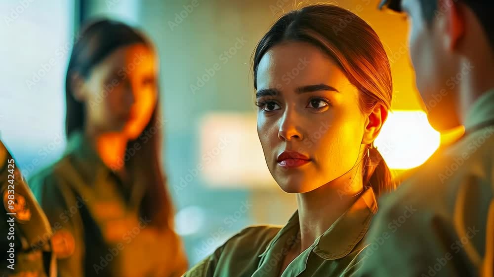 A young Latina woman studies her colleagues intensely. It’s dusk, the room bathed in orange-yellow light. Her and two other young women wear military uniforms, engaged in a serious discussion, A young Latina woman studies her colleagues intensely. It’s dusk, the room bathed in orange-yellow light. Her and two other young women wear military uniforms, engaged in a serious discussion,