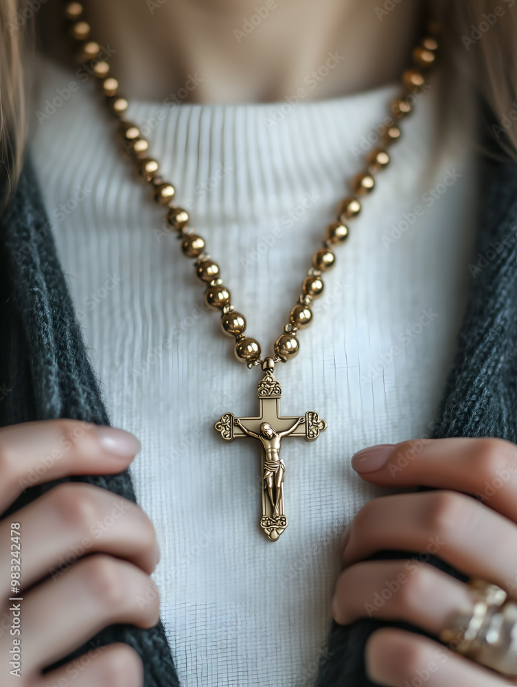 A person holds a golden rosary with a crucifix, engaging in prayerful devotion indoors A person holds a golden rosary with a crucifix, engaging in prayerful devotion indoors
