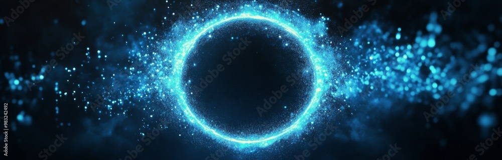 Bright blue glittering energy circle against a black background with glowing particles in space Bright blue glittering energy circle against a black background with glowing particles in space