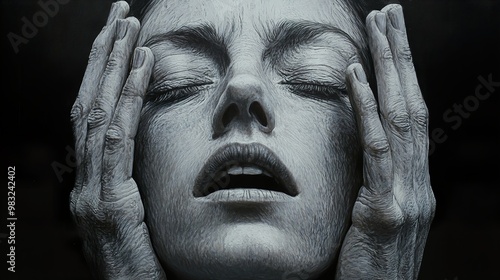 Woman's Face with Closed Eyes and Hands - A Portrait of Inner Turmoil