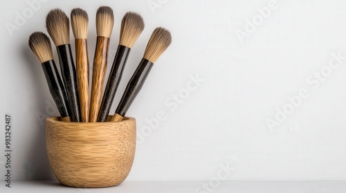 Wooden Makeup Brush Holder with Natural Bristle Brushes on White Background