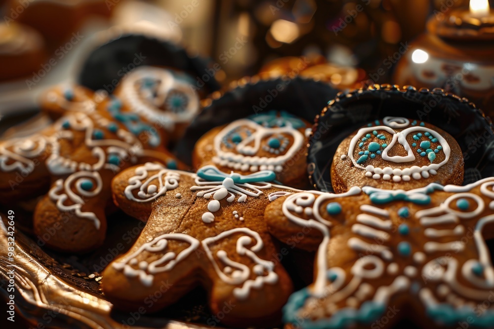 A plate with decorated ginger cookies on a table A plate with decorated ginger cookies on a table
