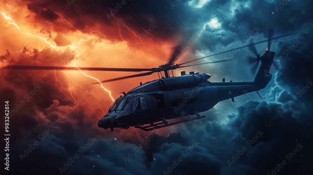 Helicopter in Stormy Skies Against Dramatic Lightning Helicopter in Stormy Skies Against Dramatic Lightning