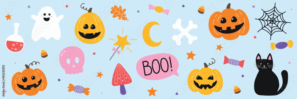 Fototapeta premium Collection of a hand drawn Halloween icons. Vector illustration