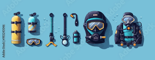 Vintage scuba diving gear with mask, snorkel, and oxygen tank Vector flat minimalistic isolated illustration