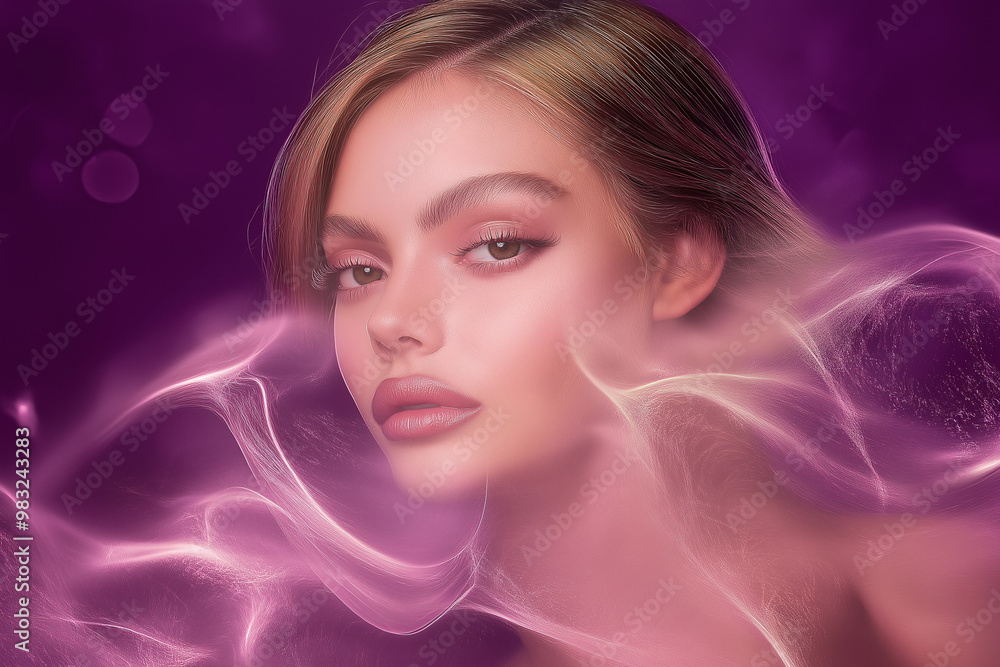 A beautiful model surrounded by flowers and leaves against a purple background in close-up. A beautiful model surrounded by flowers and leaves against a purple background in close-up.