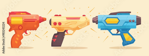 Toy ray guns on a white background. Vector flat minimalistic isolated illustration.