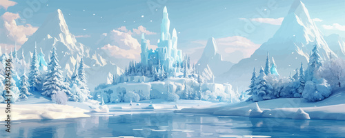 snowy landscape with ice castle vector simple 3d isolated illustration