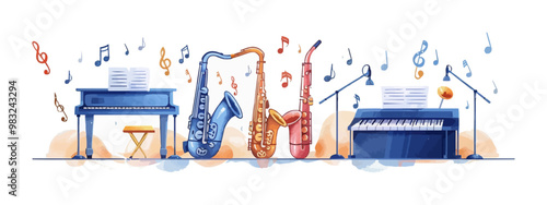 Jazz band instruments and musical notes with saxophone and trumpet on a clean white surface. Vector flat isolated illustration.