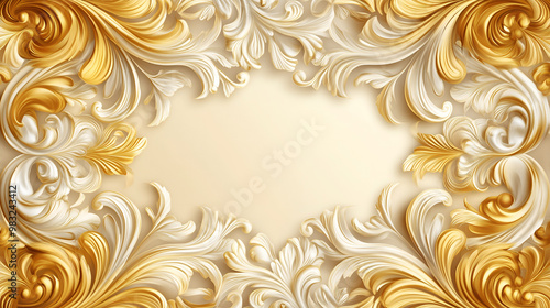 Elegant Rococo floral relief design in white and gold on a soft beige background