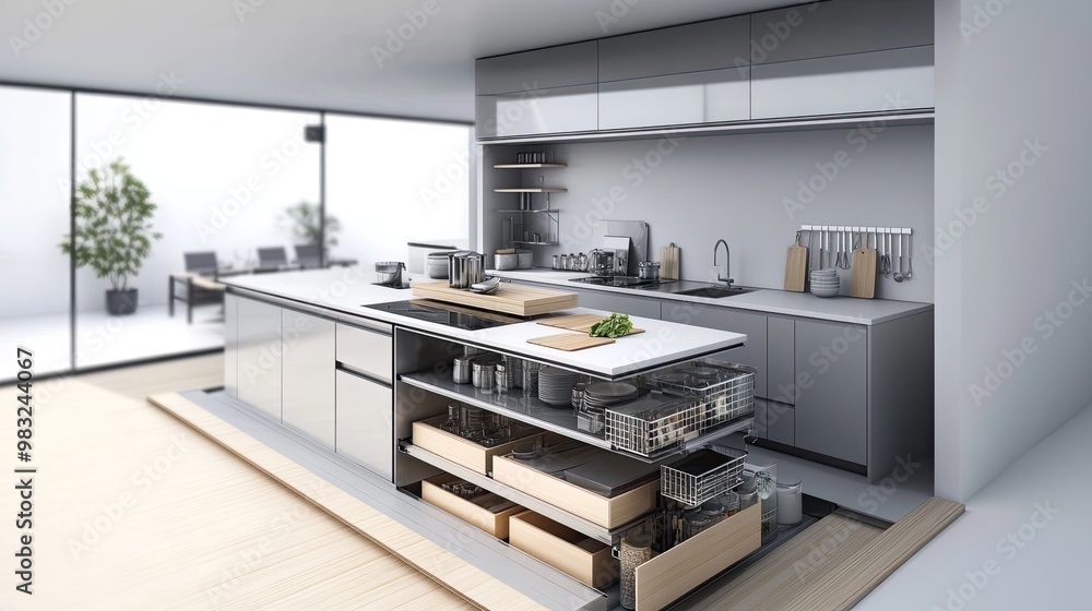 A technical cross-section of a simple modern kitchen, showing clean surfaces, functional storage spaces, and a minimalist aesthetic in every element. A technical cross-section of a simple modern kitchen, showing clean surfaces, functional storage spaces, and a minimalist aesthetic in every element.