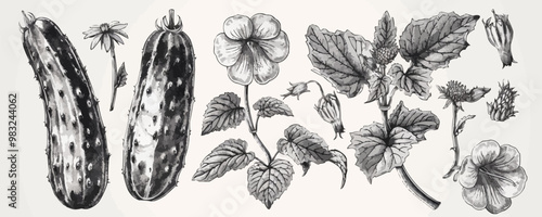 Hand drawn illustration of cucumbers and flowers on branch. Fresh farm organic vegetables sketch.. vector simple illustration