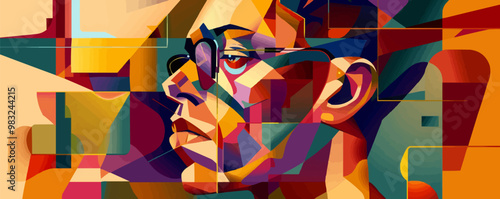Cubist portrait with fragmented shapes and multiple perspectives, flat portrait, vector illustration.