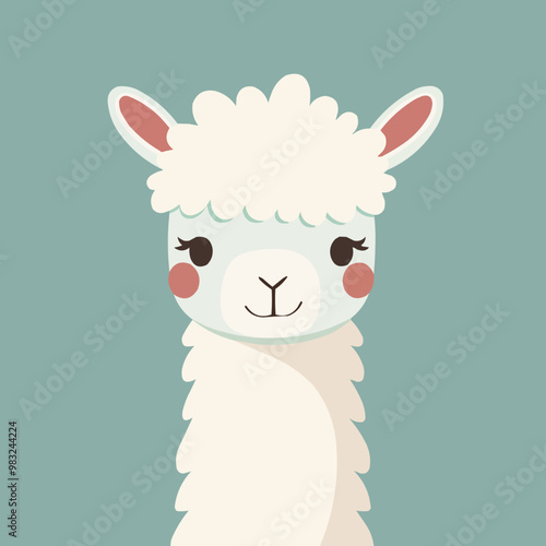 Cute alpaca with fluffy wool and a joyful expression, charming and whimsical, vector illustration for t-shirt, flat style.