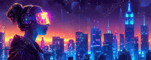 yberpunk robot girl looks out over the city at night. Neon and ultraviolet lights of skyscrapers. vector simple illustration