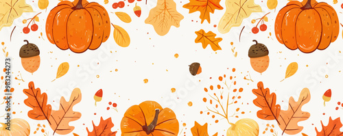 Cute autumn elements like pumpkins, acorns, and leaves with warm colors, flat, vector illustration, seamless pattern background design.