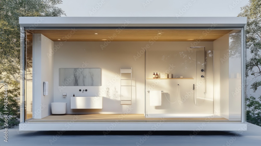 A technical cutaway view of a modern white bathroom, featuring clean lines, minimalist fixtures, and functional design elements like hidden shelving and energy-efficient lighting. A technical cutaway view of a modern white bathroom, featuring clean lines, minimalist fixtures, and functional design elements like hidden shelving and energy-efficient lighting.