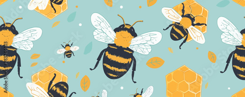 Cute bees and honeycombs seamless pattern background, adorable bees and hexagonal honeycombs, vector pattern.