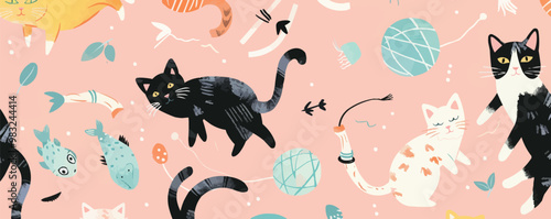 Cute cats playing with yarn balls and fish bones, scattered on a pastel background, flat, vector illustration, seamless pattern background design.