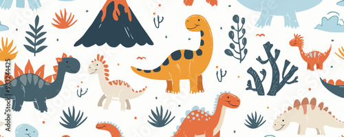 Cute dinosaurs and volcanoes seamless pattern background, playful prehistoric creatures and landscapes, vector pattern.