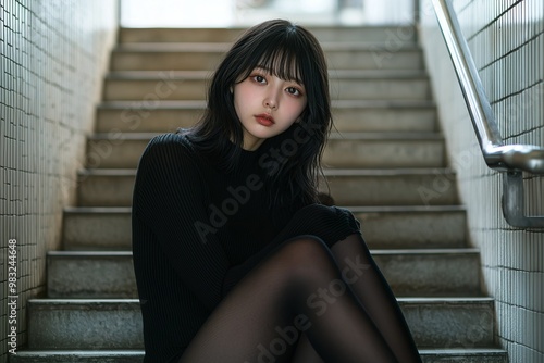 Japanese beauty, wearing black tights and long sleeves, sitting on the stairs...