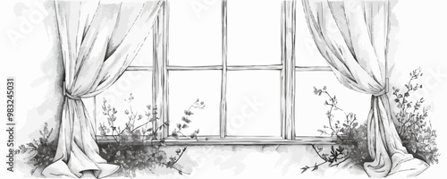 Window with curtains hand drawn sketch in doodle style. vector simple illustration