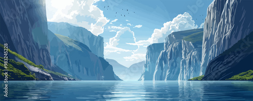 A majestic fjord landscape with towering cliffs and tranquil waters below. Vector flat minimalistic isolated illustration.