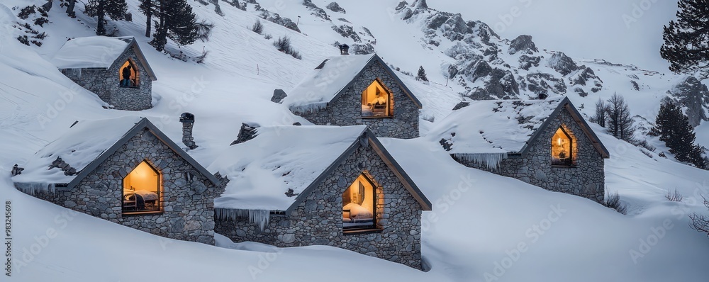 Naklejka premium A series of stone guest houses on a snowy mountain, their windows glowing with warmth, offering skiers and snowboarders a cozy place to rest after a day on the slopes