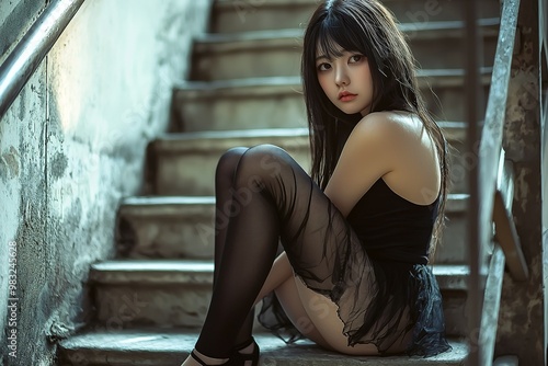 Beautiful young Japanese woman, wearing black sheer tights and a mini-skirt,...